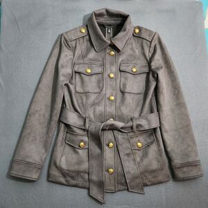 WHBM Women M Gray Ultra Suede Military Style Gold Button Belted Safari Jacket